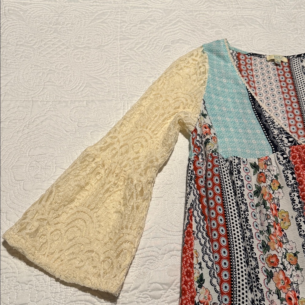 Kori America Multi-colored Mixed Media Print Swing Dress Lace Sleeves Sz S - Picture 3 of 6